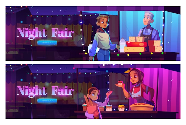 Night fair cartoon web banner with people visit outdoor market