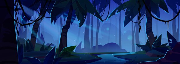 Night fantasy forest spooky vector background Dark mystery fairytale jungle landscape adventure scene with river Wild tropic woodland nature mysterious illustration with moonlight ray on coast