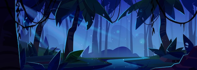 Free vector night fantasy forest spooky vector background dark mystery fairytale jungle landscape adventure scene with river wild tropic woodland nature mysterious illustration with moonlight ray on coast