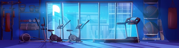 Interno della sala fitness notturna per allenamento sportivo illustrazione vettoriale attrezzature per esercizi con pesi in palestra tapis roulant e trainer ellittico per cardio in studio con paesaggio urbano e chiaro di luna