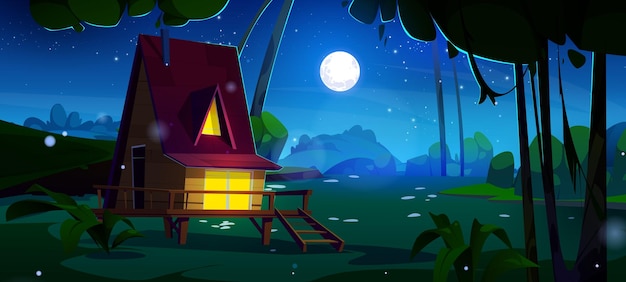 Free vector night forest house cartoon vector landscape scene dark midnight countryside view above starry sky and full moon mystery park environment with light in hut window fantasy fairytale wallpaper