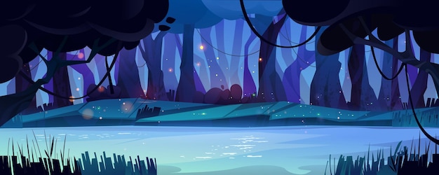 night forest river with golden fireflies glowing in air vector cartoon illustration of neon blue water flowing in dark woodland yellow sparkles shimmering in darkness fairy tale magic background