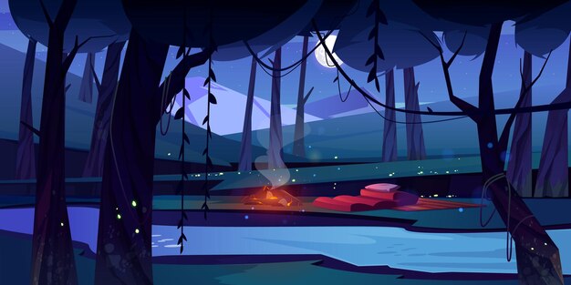 Night forest with camp fire river and mountains