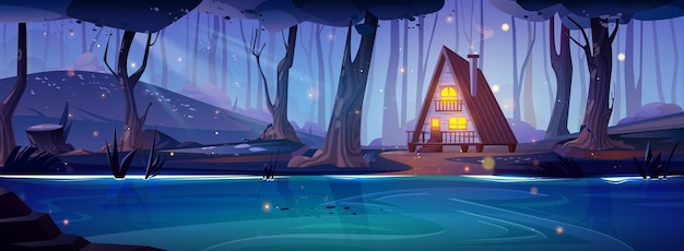 Foresta notturna con casa sul lago e lucciole