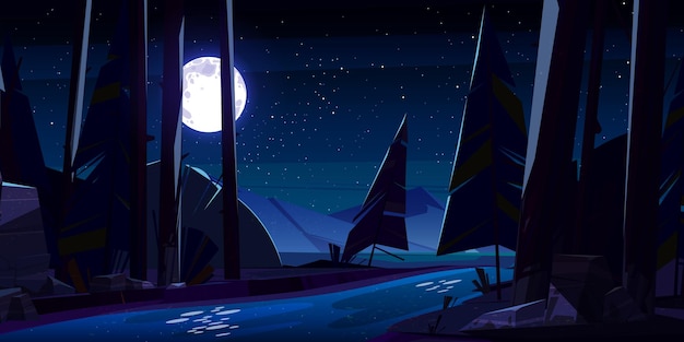 Бесплатное векторное изображение Ночной лес с рекой и горной природой