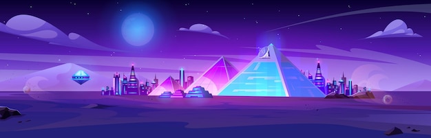 Free vector night futuristic egypt city and pyramid background