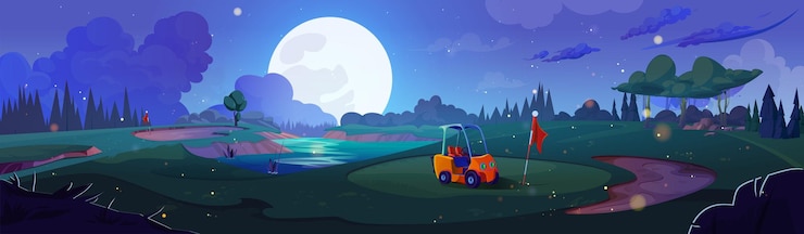 Free Vector night golf course field landscape cartoon vector illustration flag ball and car on green grass yard in sport club beautiful blue sky with stars and shining full moon nature and ground for game