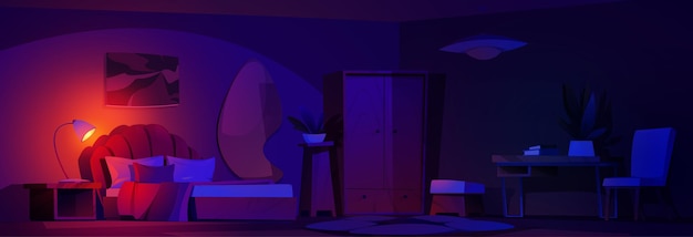 Free vector night groovy bedroom vector cartoon home interior 2d background dark clean house y2k room with bed glow lamp carpet mirror and wardrobe nobody inside cozy girly hotel apartment at nighttime