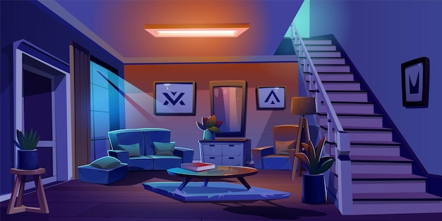 Night home living room interior cartoon background house apartment with staircase and moonlight from window indoor lamp glow decoration in flat foyer with table armchair mirror and couch