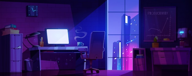 Night home office with cityscape view in window vector cartoon illustration of dark room with desktop computer documents in folders on shelf clock and motivation poster on wall freelance job