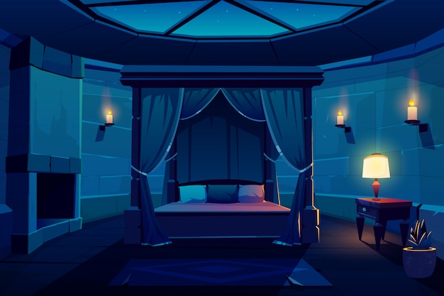 Night hotel bedroom cartoon vector interior