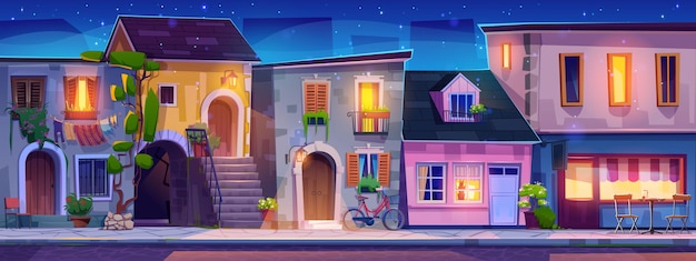 Free vector night italy street with bicycle light in window and old vintage cafe vector background illustration italian house building in town with balcony arch and hanging clothes mediterranean exterior