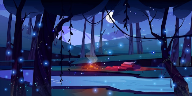 無料ベクター 沼とホタルのベクトルの背景を持つ夜のジャングルの森木の池水キャンプファイヤーと枕のあるファンタジー ゲーム風景月光とツチボタルの幻想的で不気味な冒険イラスト