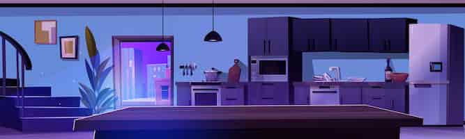 Бесплатное векторное изображение Ночной интерьер кухни с мебелью и посудой. векторная мультяшная иллюстрация темной столовой с деревянной посудой в раковине, микроволновой печью и холодильником, лестница, вид на город в окне