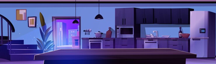 Free Vector night kitchen interior with furniture and kitchenware vector cartoon illustration of dark dining room with wooden table dishes in sink cooker microwave oven and fridge stairs city view in window