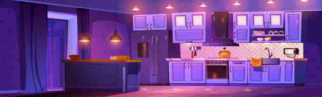 Free vector night kitchen room interior with table and fridge in house background clean purple cooking room in dark cozy empty apartment with cupboard counter fridge and ventilation equipment concept