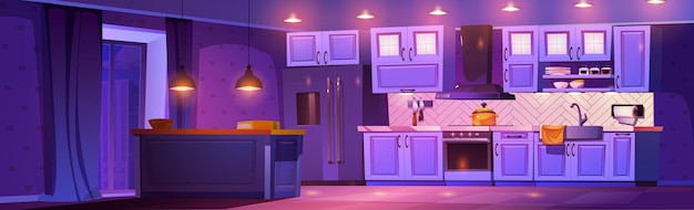 Интерьер ночной кухни со столом и холодильником на заднем плане дома Чистая фиолетовая кухонная комната в темной уютной пустой квартире со шкафом, холодильником и концепцией вентиляционного оборудования
