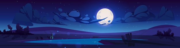 夜の湖の風景漫画のベクトル図
