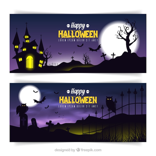 Free vector night landscape graveyard banners