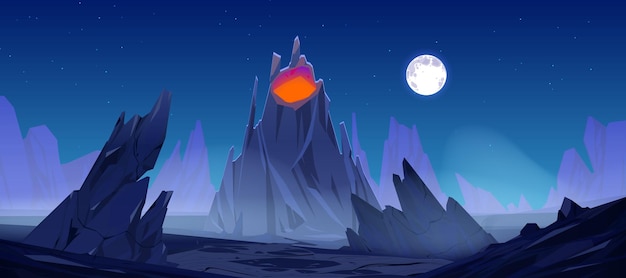 Night landscape volcano with red glowing magma
