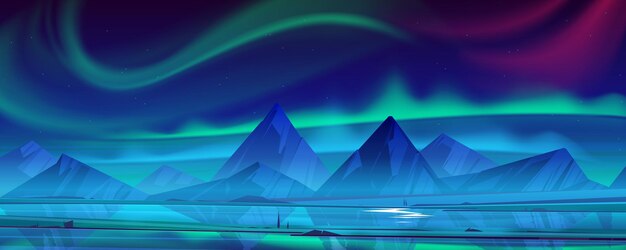 Night landscape with aurora borealis in sky, river and mountains on horizon. Vector cartoon illustration of green and pink northern lights and stars in winter sky above nordic rocks