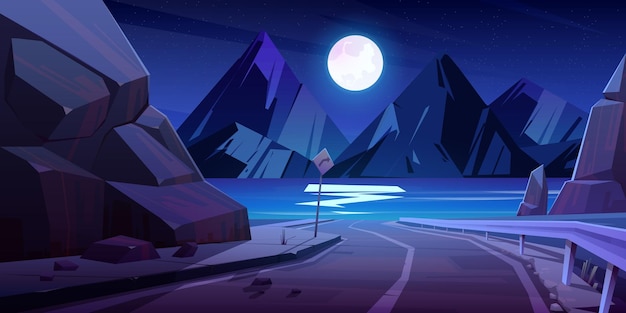 Night landscape with car road river mountains on horizon and full moon in sky Vector cartoon illustration of lake with asphalt highway with sign and fencing and white rocks on coast