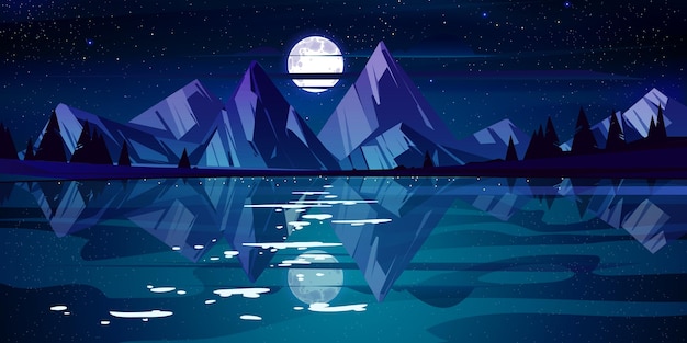 Бесплатное векторное изображение Ночной пейзаж с озером, горами и деревьями на побережье. векторные иллюстрации шаржа сцены природы с хвойным лесом на берегу реки, скалы, луна и звезды в темном небе