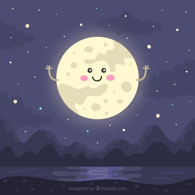 Free vector night landscape with lovely moon