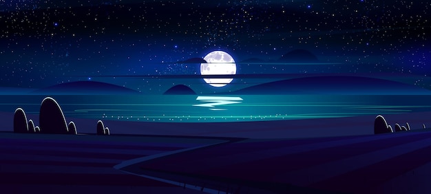 Free vector night landscape with meadow rural field and road