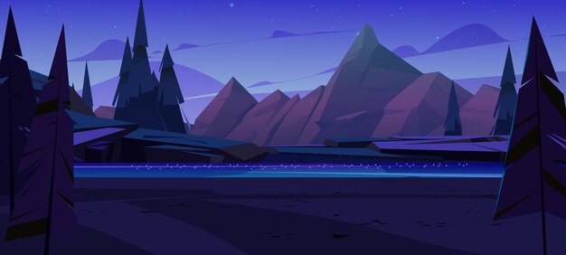 Night landscape with mountains river and road