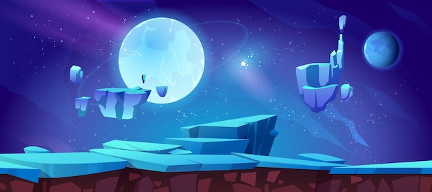 Free vector night landscape with neon moon and rocky cliffs