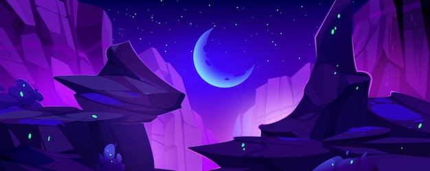 Night landscape with rocky cliff edges over chasm
