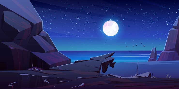 Free Vector night landscape with sea, moon and mountains