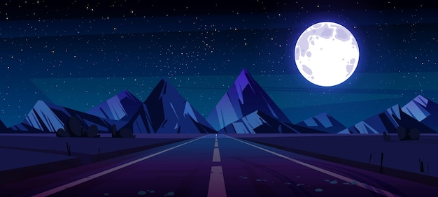 Бесплатное векторное изображение Ночной пейзаж с прямым шоссе и горой