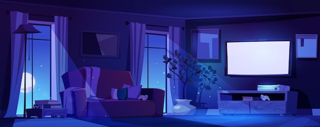 Free vector night living room interior in moonlight home