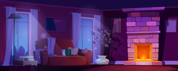 Бесплатное векторное изображение Интерьер ночной гостиной с камином в доме