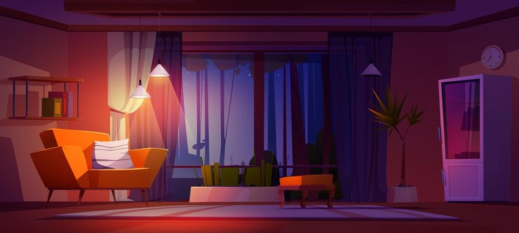 Free Vector night living room interior with panoramic windows