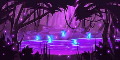 無料ベクター 木々の下にある神秘的な紫色の池の上に輝くホタルと蝶がいる夜の魔法の森。月明かりが水面に落ちる自然の木の風景、真夜中の風景、漫画のベクトル図