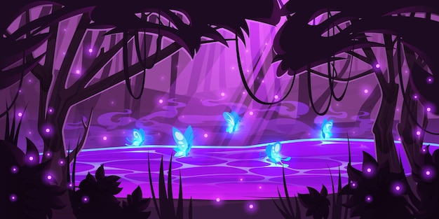 Ночной волшебный лес со светящимися светлячками и бабочками над мистическим фиолетовым прудом под деревьями. Природный деревянный пейзаж с лунным светом падает на поверхность воды, пейзаж в полночь, карикатурная векторная иллюстрация