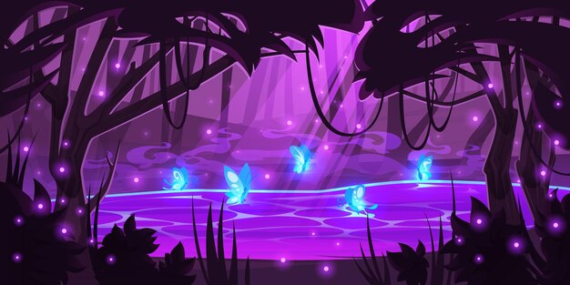 木々の下にある神秘的な紫色の池の上に輝くホタルと蝶がいる夜の魔法の森。月明かりが水面に落ちる自然の木の風景、真夜中の風景、漫画のベクトル図