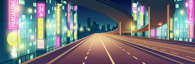Night metropolis empty, four-lane highway, freeway road illuminated with restaurants, hotel, road and karaoke bar neon colors signboards cartoon vector background. Modern city nightlife background