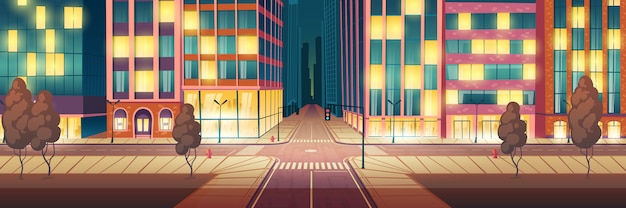 Night metropolis illuminated, empty street cartoon