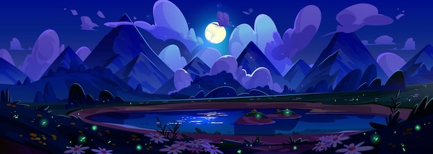 Free vector night mountain lake scene with firefly vector landscape background dark blue nature valley with full moon wild chamomile flower and beautiful light reflection wilderness adventure to peak in clouds