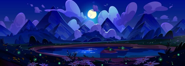 Night mountain lake scene with firefly vector landscape background Dark blue nature valley with full moon wild chamomile flower and beautiful light reflection Wilderness adventure to peak in clouds