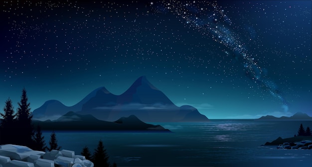 夜の山の風景と天の川
