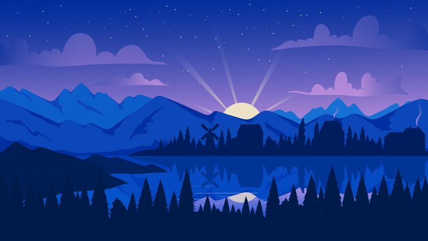 夕暮れ時の森と湖のイラスト プレミアムベクター