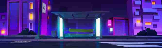 Free vector night neon bus stop on street road background