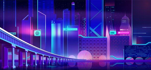 Night neon city and bridge above bay water surface