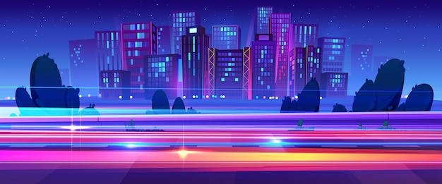 Night neon city light on speed car road vector background fast line motion effect on abstract cityscape view metaverse technology urban landscape 5g network speedway power illustration scene