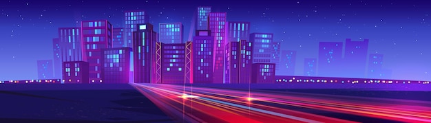 Free vector night neon city with speed road motion background abstract skyscraper cityscape bright laser way power highway glow in metaverse landscape fast energy trail view on speedway urban illustration